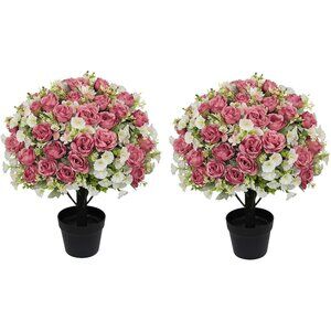 Set-2 Rose Artificial Flowers Blooms Eucalyptus Plants Cement Pots Accent Decor